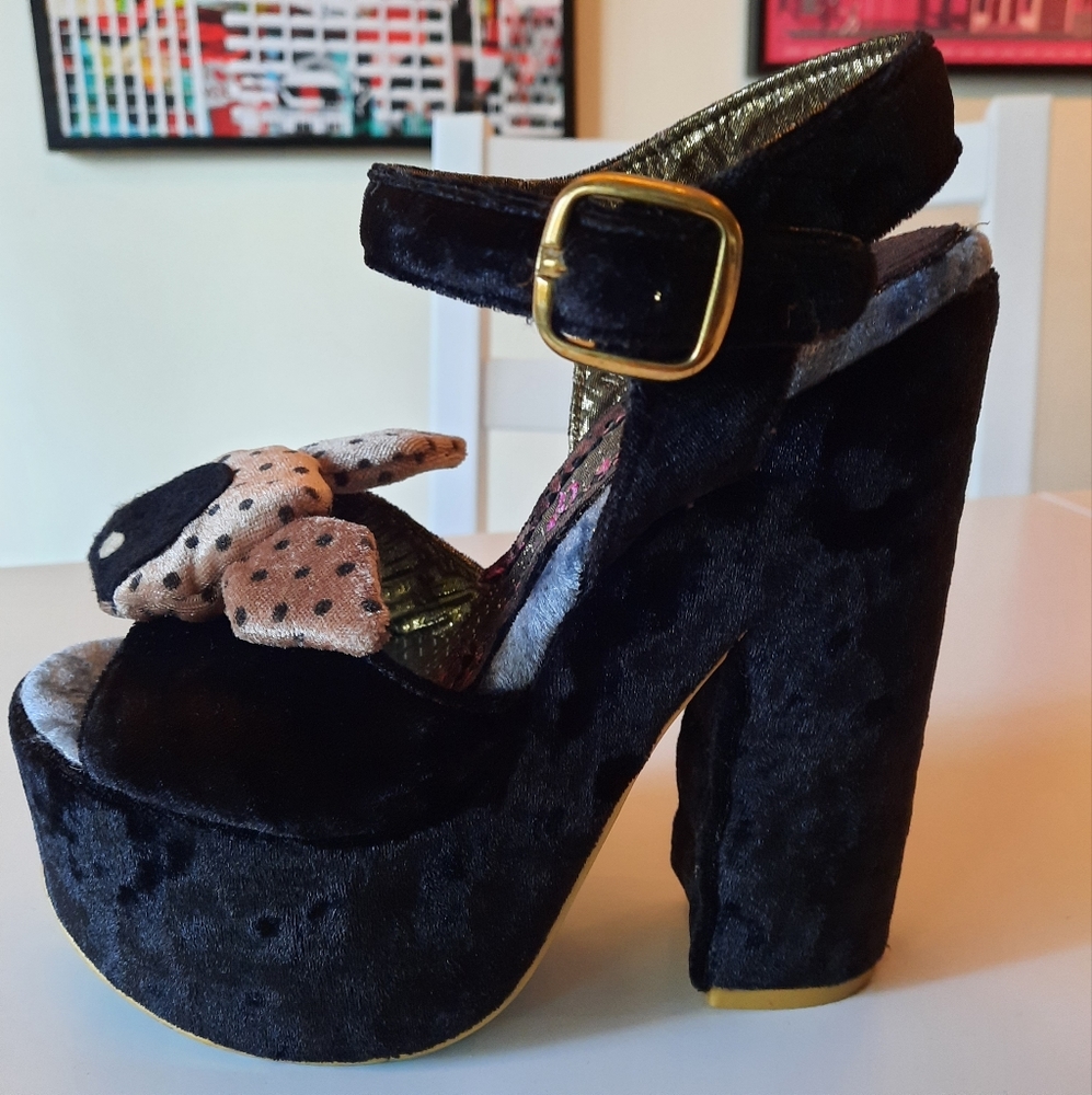 Irregular Choice Antonella Black Tan Velvet Deer Platform Heels, 6.5, 37 EU